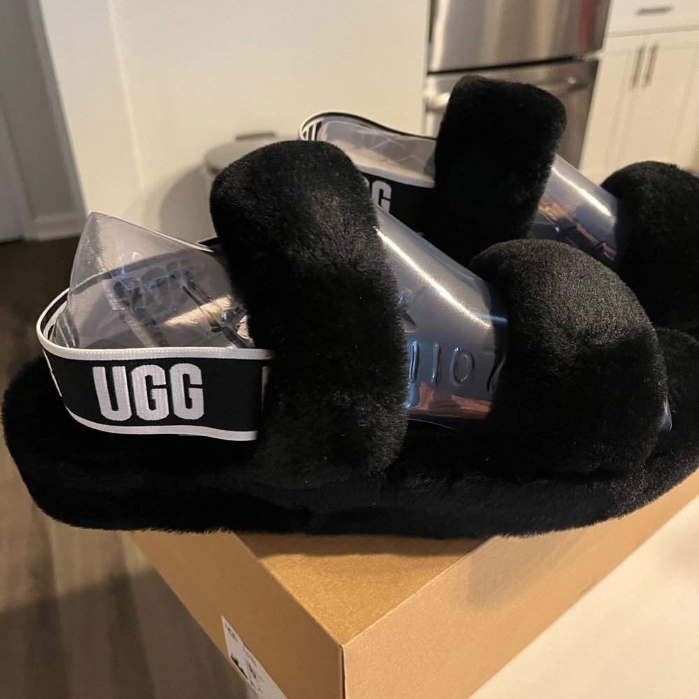 UGG Black Fluffy Slippers
